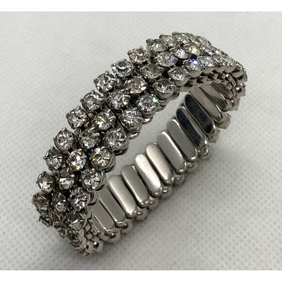 Vintage Clear Rhinestone Accordion Stretch Silver Tone Bracelet 50s 60s Sparkly - Picture 2 of 9